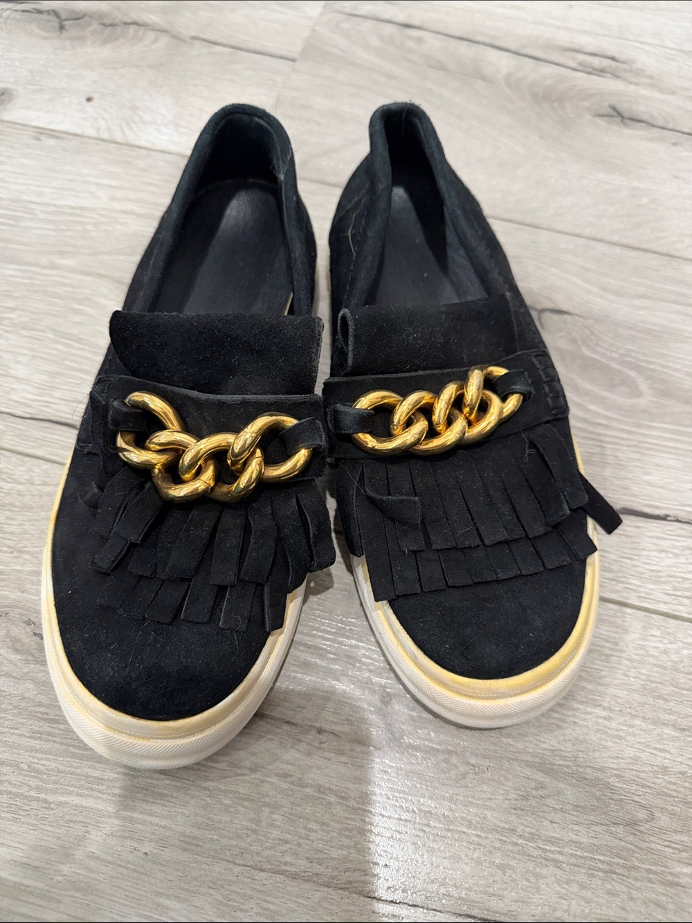 Giuseppe Zanotti Black Suede Fringe Loafers with Gold Chain